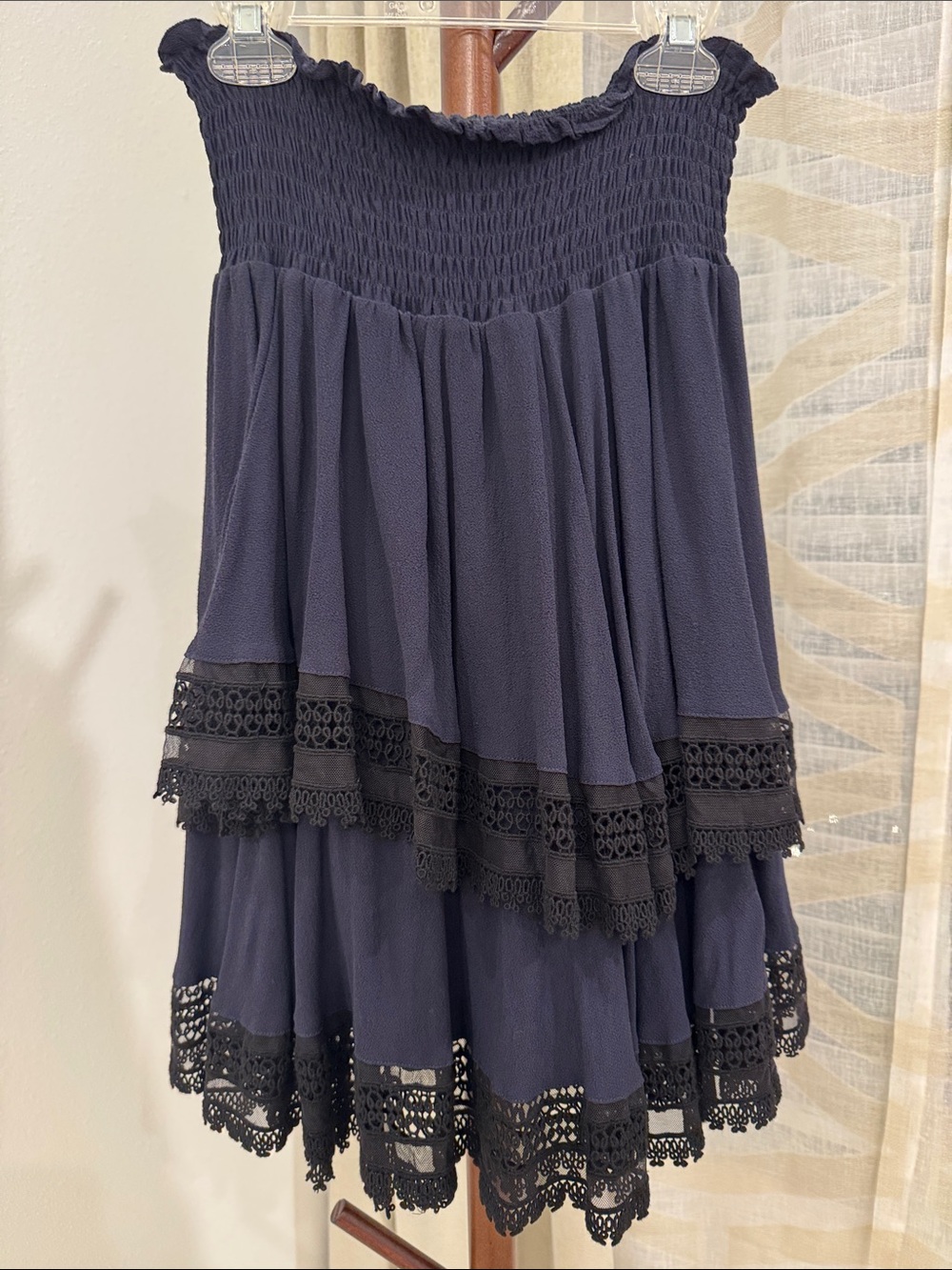Maje Navy Tiered Smocked Skirt with Crochet Lace Trim